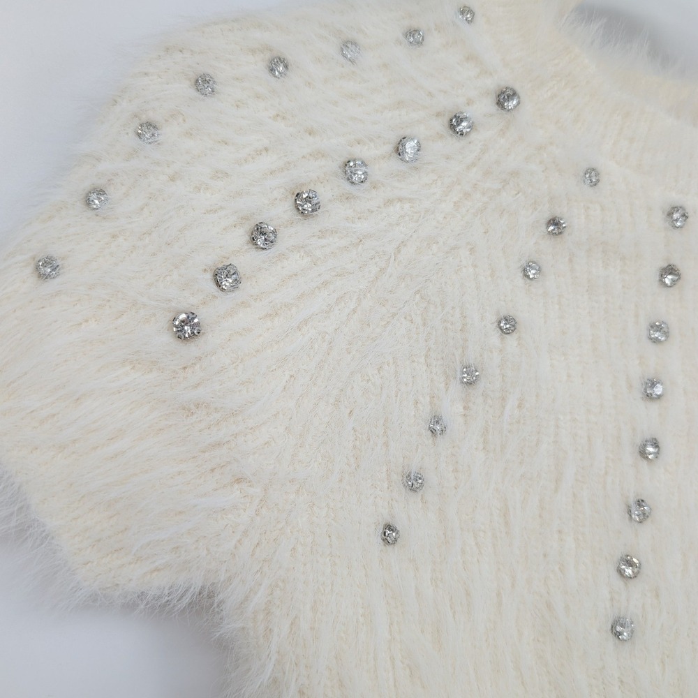 Muse Short Sleeve Fuzzy Crystal Embellished Sweater XS Ivory‎ Coquette 90s Glam - Picture 6 of 14